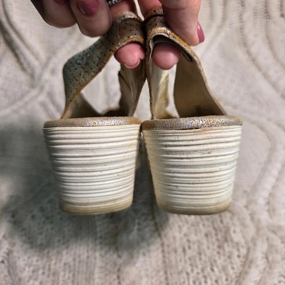 Fly London Wedge Sandals Burnished Silver Perf‎ Leather Slingback Women 38 7-7.5